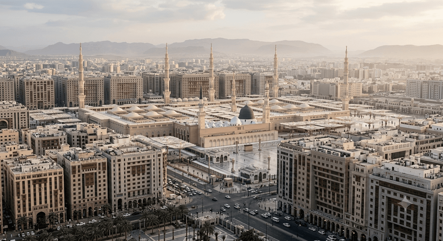 Al-Masjid an-Nabawi in Madinah at dusk, its green dome and minarets rising above the surrounding city
